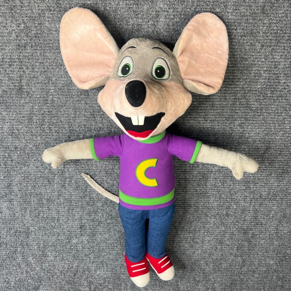 Chuck E Cheese Plush Mouse Mascot Stuffed Animal 26" Purple Shirt Denim Pants